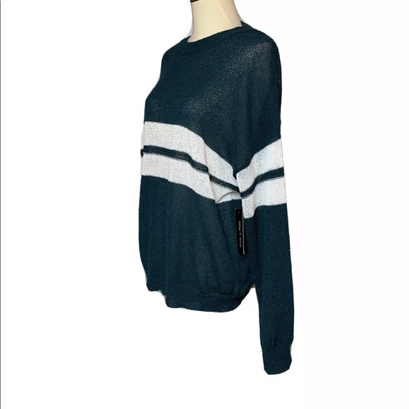DOE & RAE Lightweight Open Knit Sweater Dark Green White Stripe Size M NWT - Picture 3 of 9